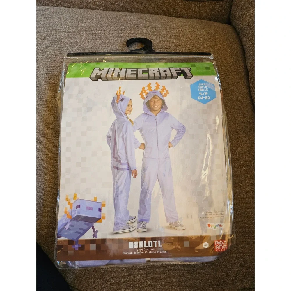 Minecraft Axolotl Child Costume Hooded Jumpsuit Size L S 4-6 Halloween‎ NEW NWT